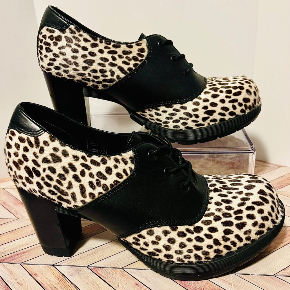 Dr Martens Sara Leopard Print Heeled Oxford Women 9 Shoes Hair On Black Leather - Picture 2 of 11